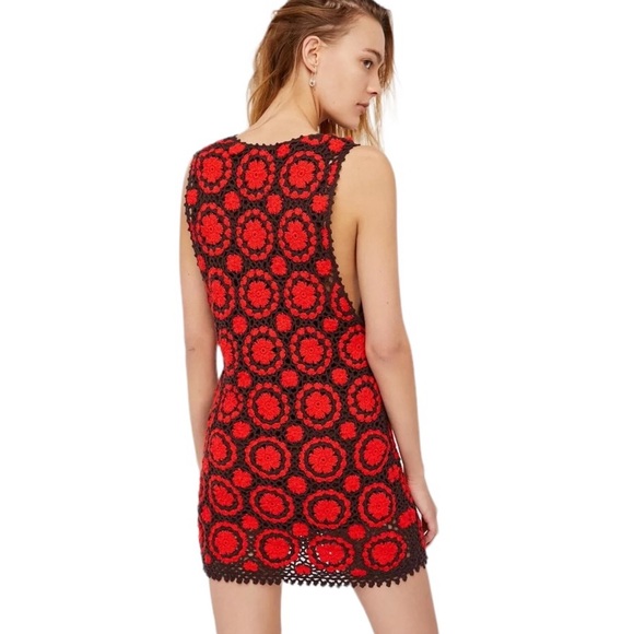 Free People Delilah Crochet Mini Shift Dress in Orange and Brown Sz S - Picture 2 of 13